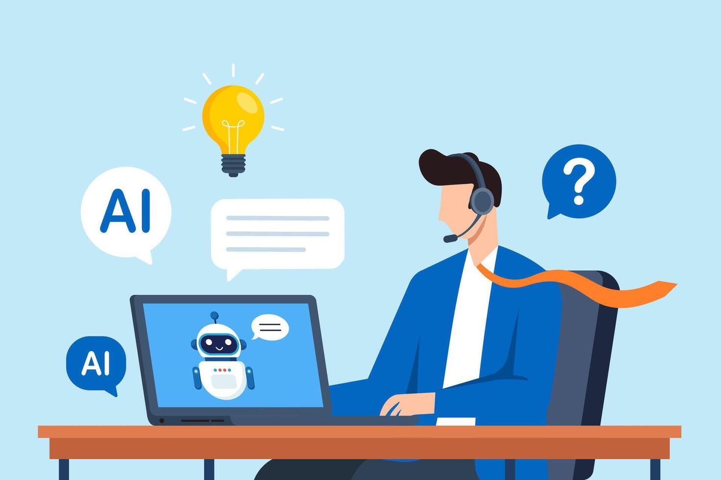 Flat illustration of call center agent using AI chatbot on computer to assist customer communication through helpdesk service and generative support tools vector