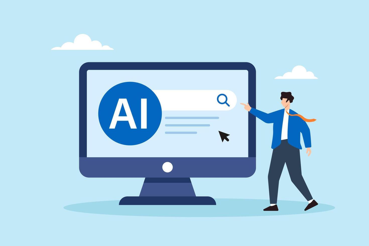 Flat illustration of office worker using AI assistant on computer to surf internet research data and optimize online search vector