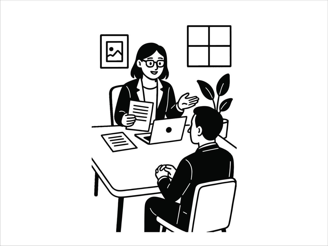 flat style HR manager interviewing candidate at office table with laptop and papers vector