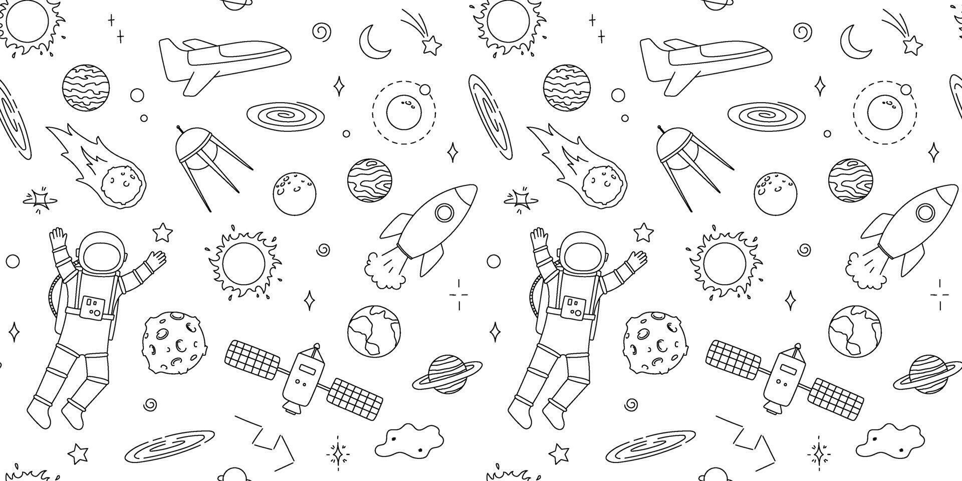 Seamless pattern with space line art. Doodle hand drawn illustrations, repeating backdrop vector