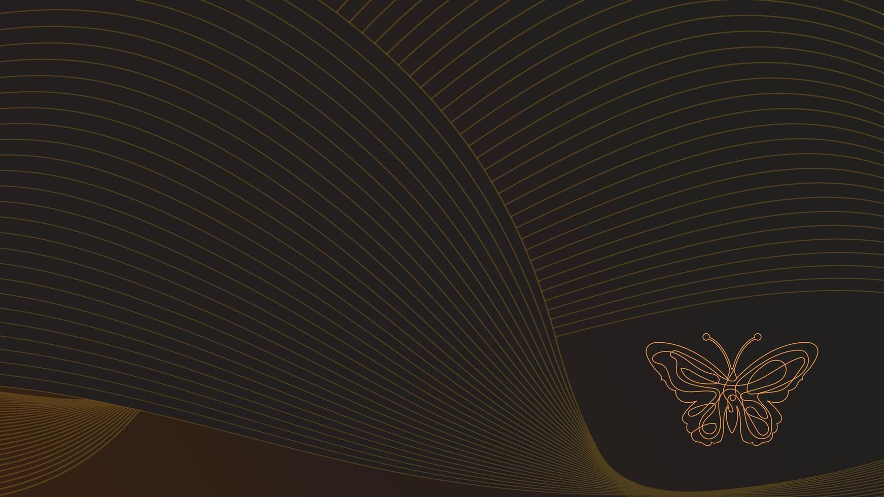 Minimalist Golden Line Art Butterfly with Flowing Abstract Wave Lines on Dark Gradient Background for Elegant Banner, Wallpaper, and Modern Digital Art Composition vector