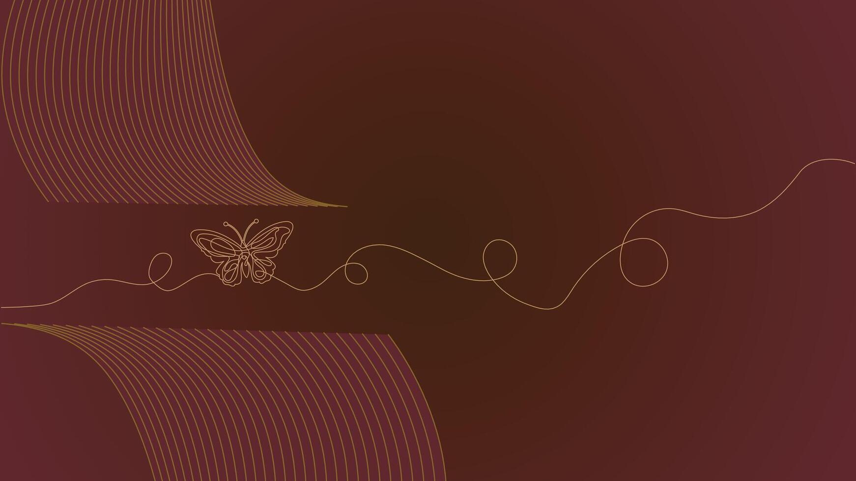 Minimalist Gold Line Art Butterfly with Curved Wave Pattern on Maroon Brown Gradient for Luxury Abstract Background and Elegant Wallpaper Design vector