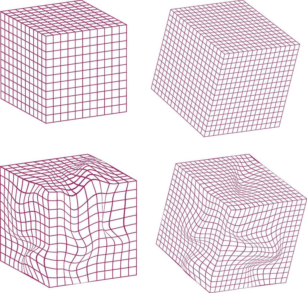 Four abstract 3d cubes showing grid deformation and distortion with pink lines on white background vector