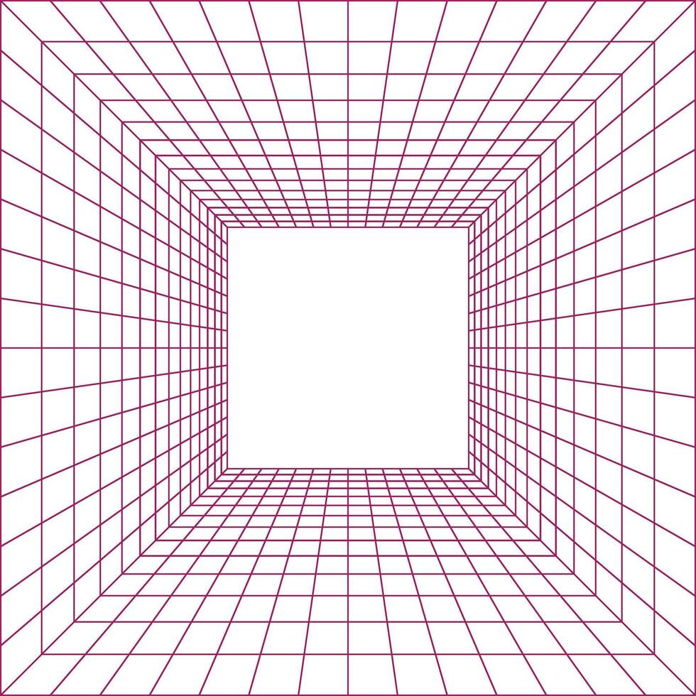 Abstract perspective grid tunnel with glowing white light at the end and pink grid lines vector