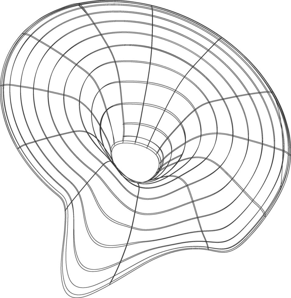 Abstract 3d wireframe model of a warped surface with a central vortex or funnel shape vector