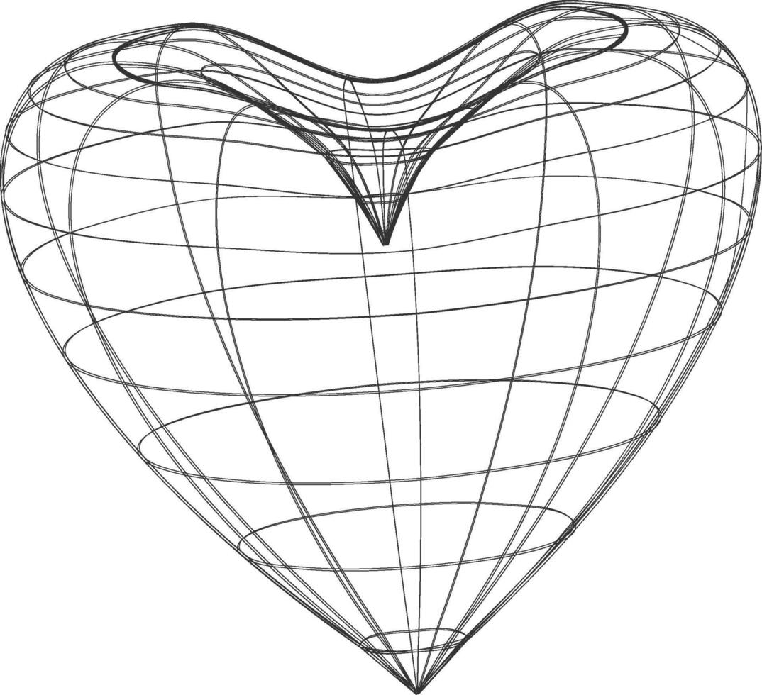 Abstract 3d wireframe heart shape with grid lines and curves on a white background vector
