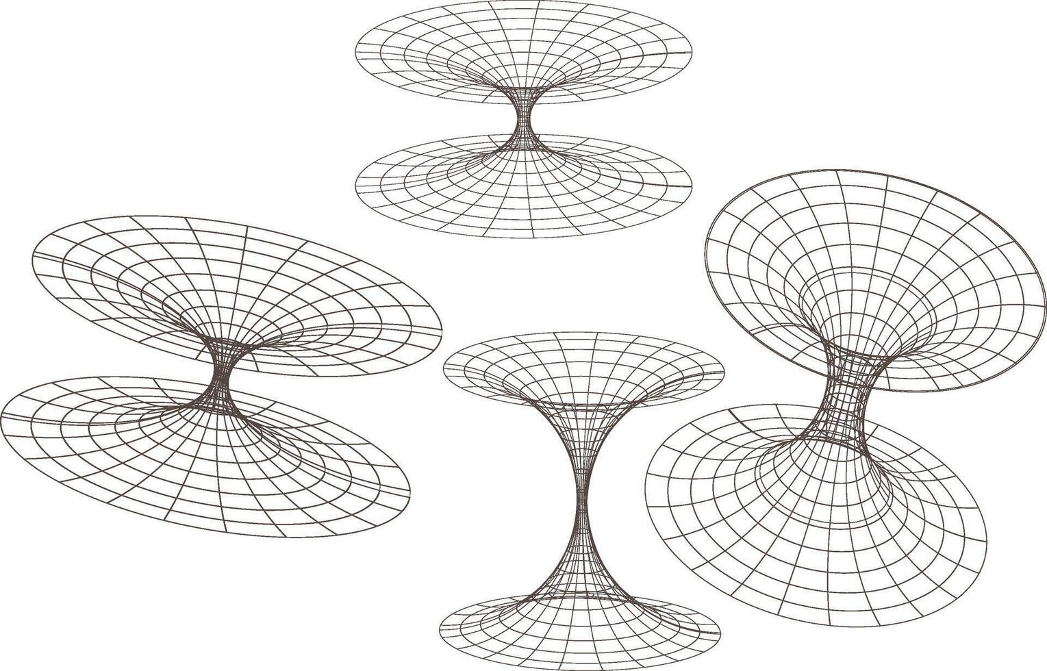Abstract geometric wireframe shapes resembling hourglasses and interconnected spheres in a minimalist design vector
