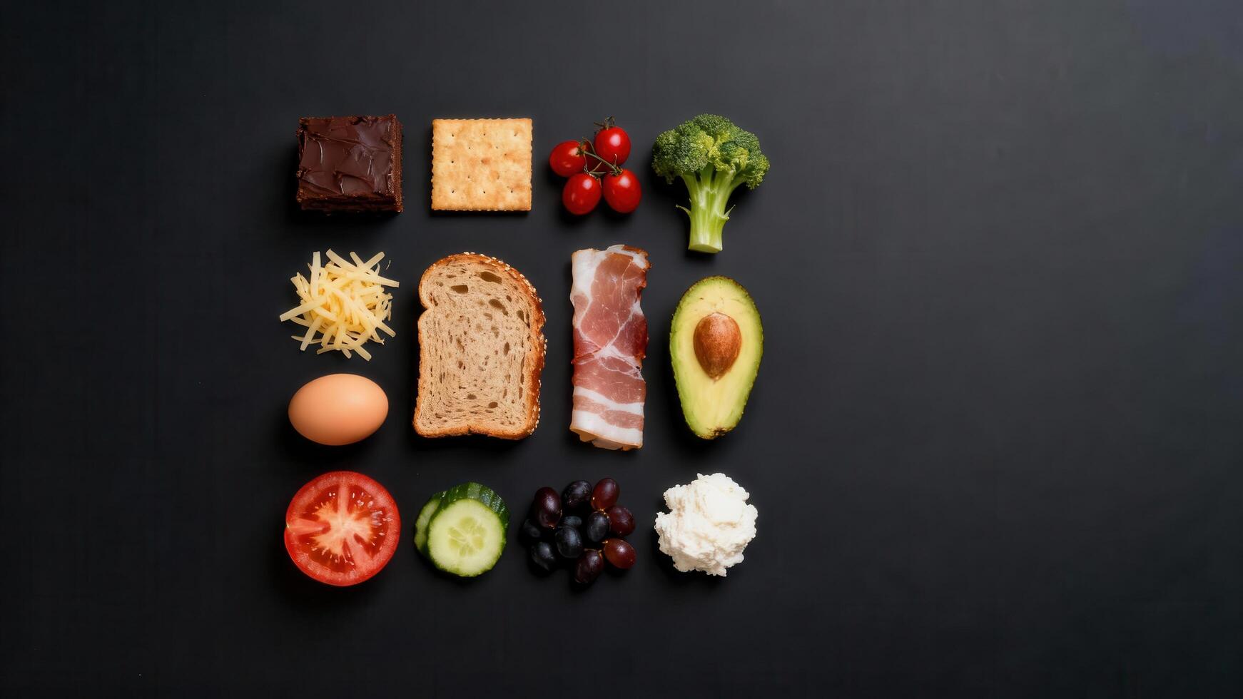 Assortment of diverse food items arranged neatly in rows on a dark background photo
