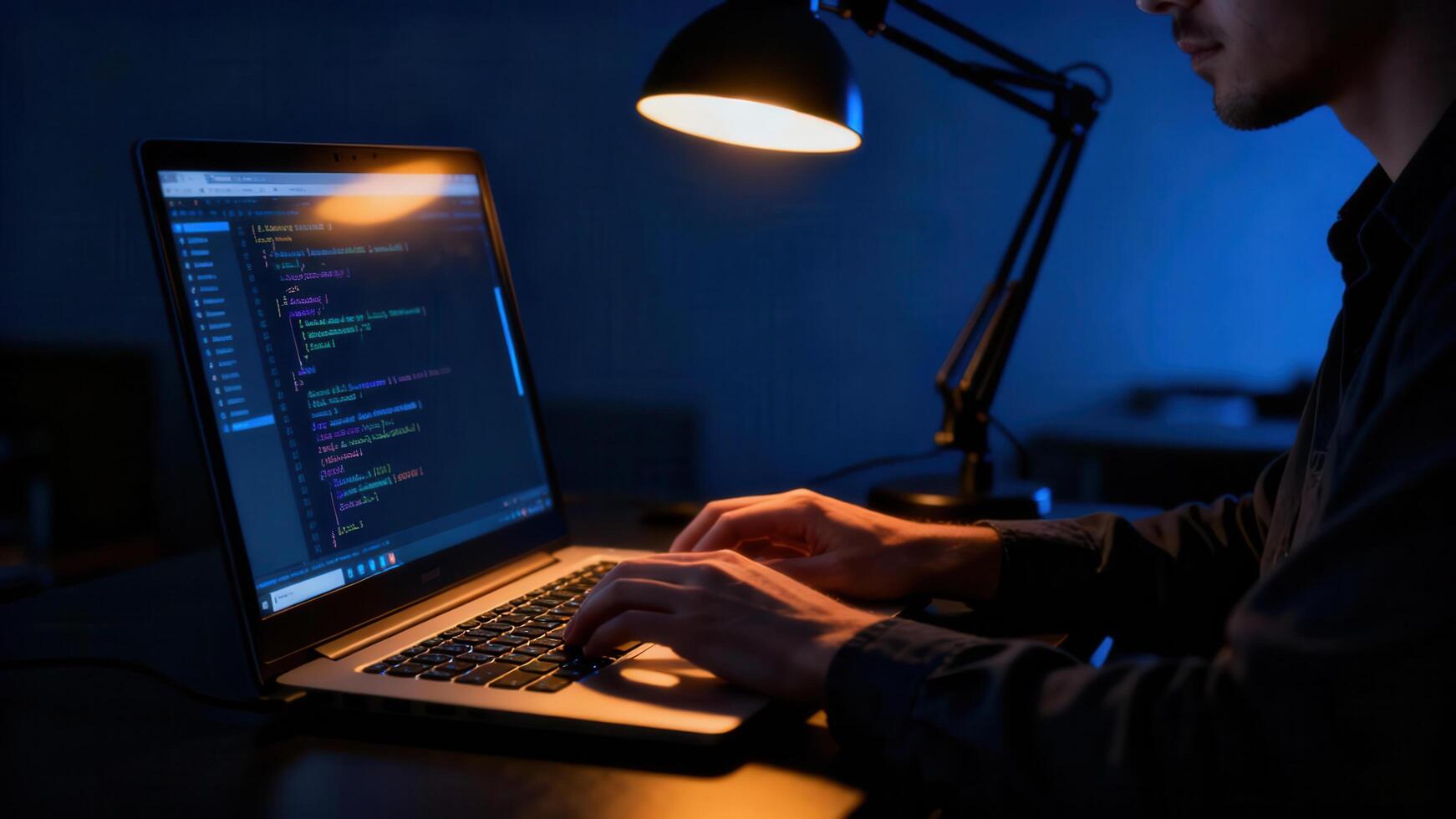 Young adult works intently on complex programming code displayed on a laptop screen late at night photo