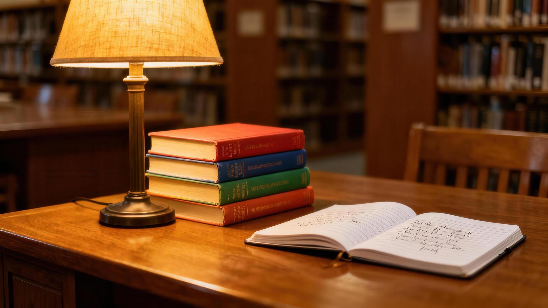 Illuminated antique desk lamp rests beside stacked literature and open notebook in a scholarly setting photo