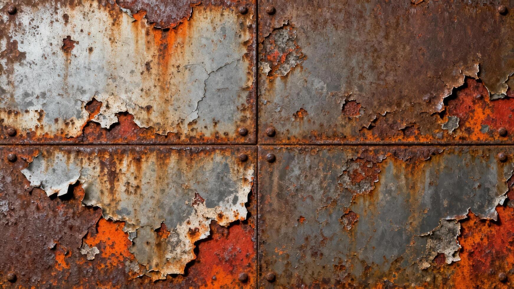 Four riveted metal plates display intense corrosion with peeling paint showing underlying rust and oxidized textures. photo