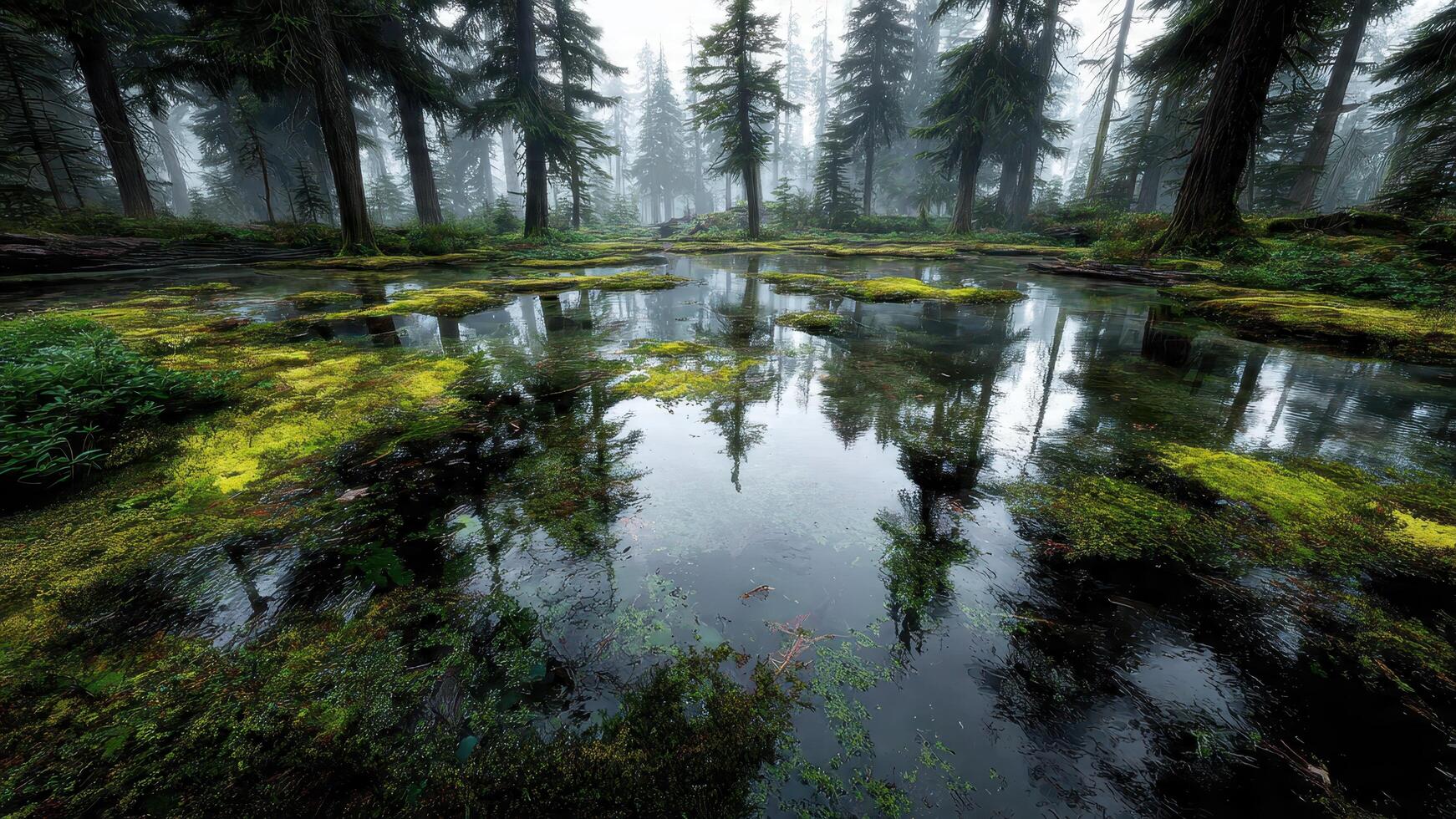 Clear forest pool reflects tall pine trees shrouded in atmospheric mist with vibrant green moss coverage photo