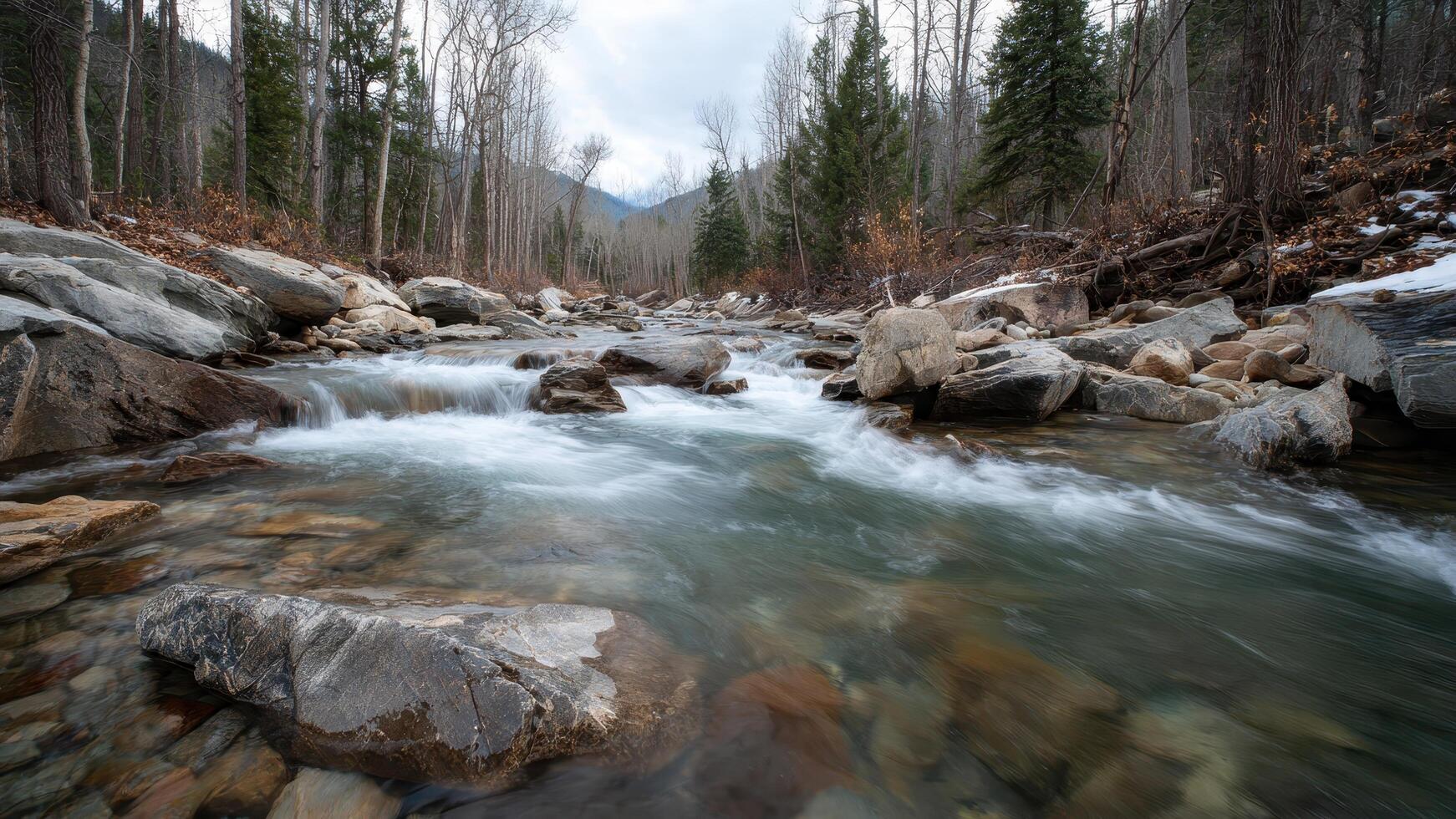 Rushing mountain stream flows over smooth wet rocks through a sparse forest with lingering snow 97 characters photo