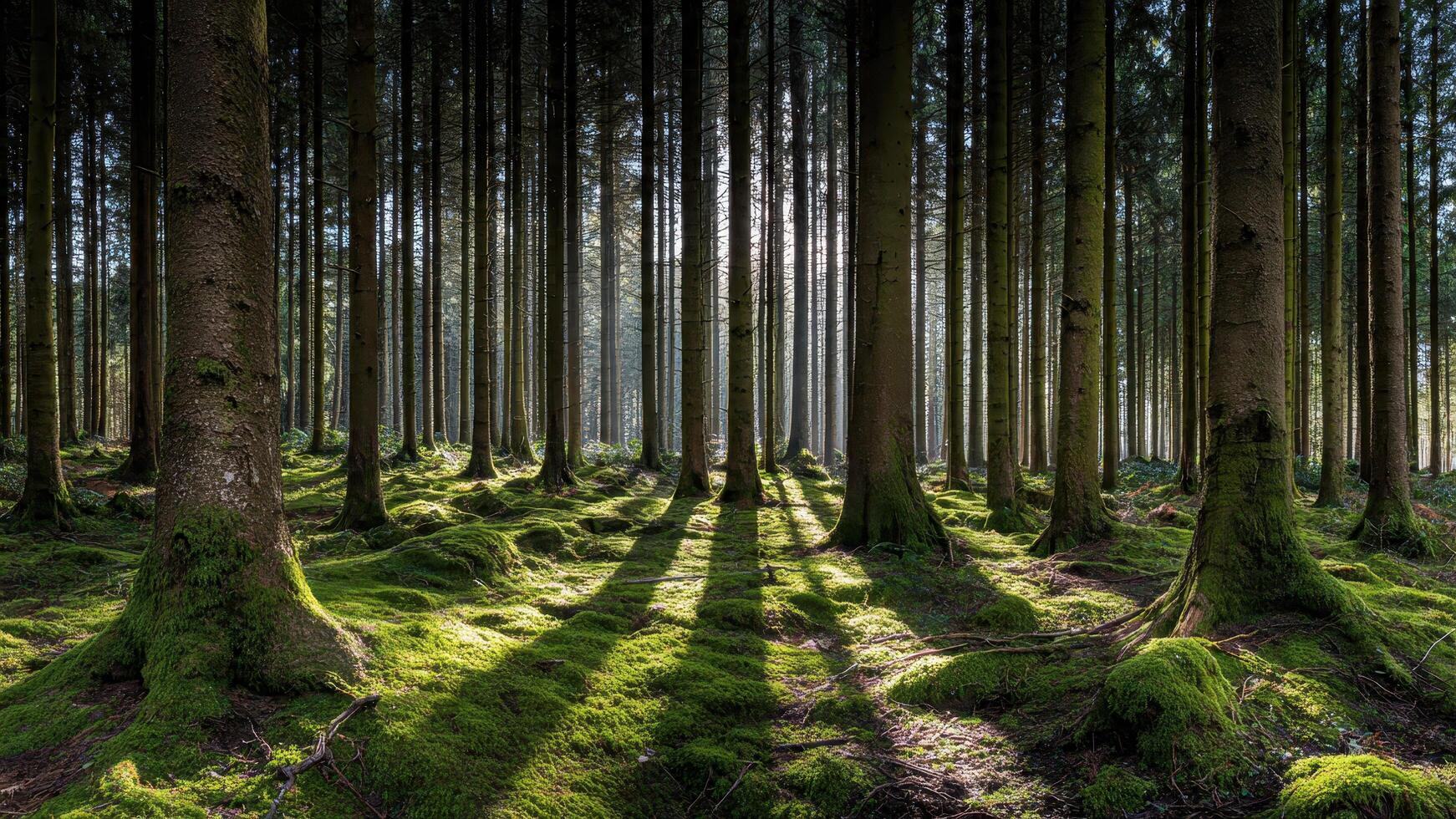 Sunlight streams through dense tall evergreen trees illuminating mossy forest floor terrain 94 characters photo