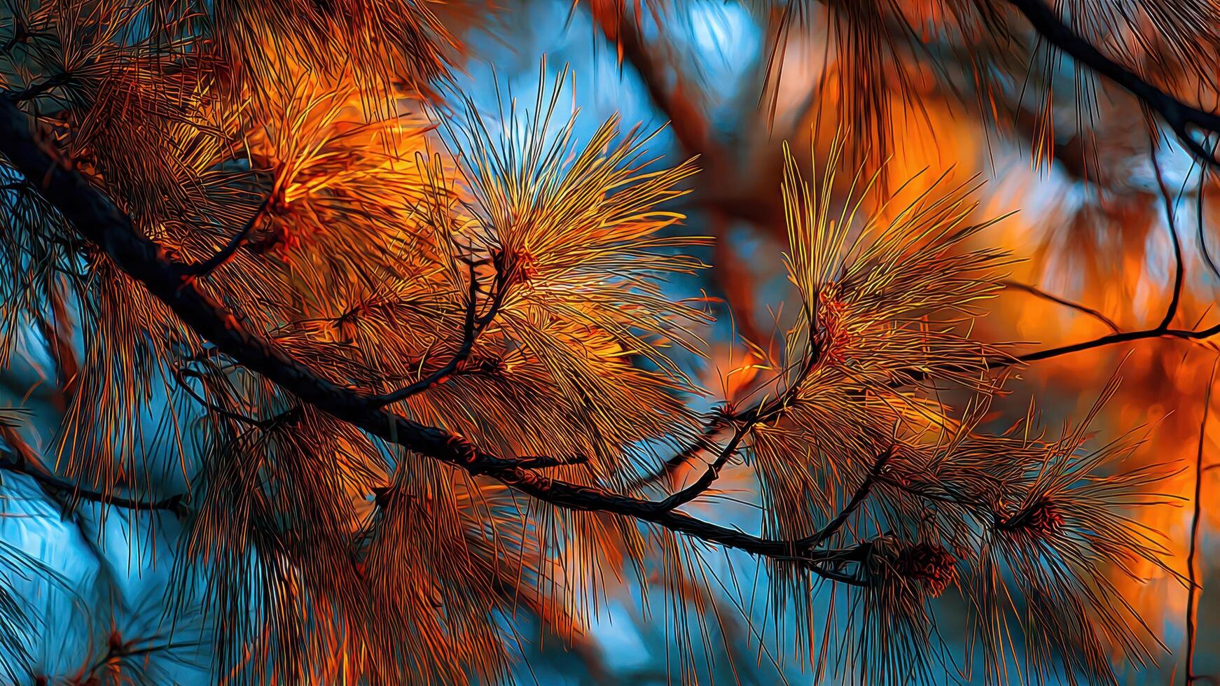 Close up of illuminated pine tree branches and needles against a bright blue and orange abstract background photo