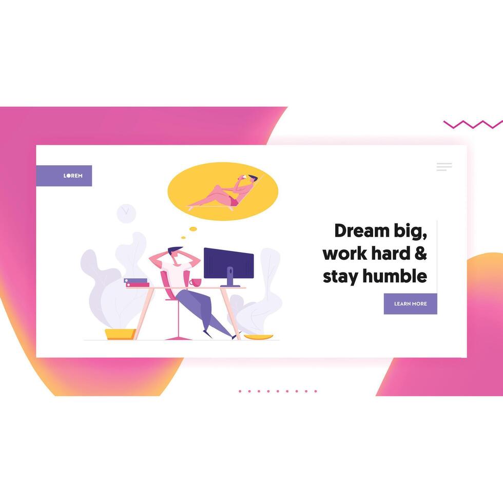 Financial Business Success Concept with Relax Businessman Character Sitting with Computer Dreaming about Vacation. Funny Banner with Office Man Graph for Website, Web Page. Flat Illustration vector