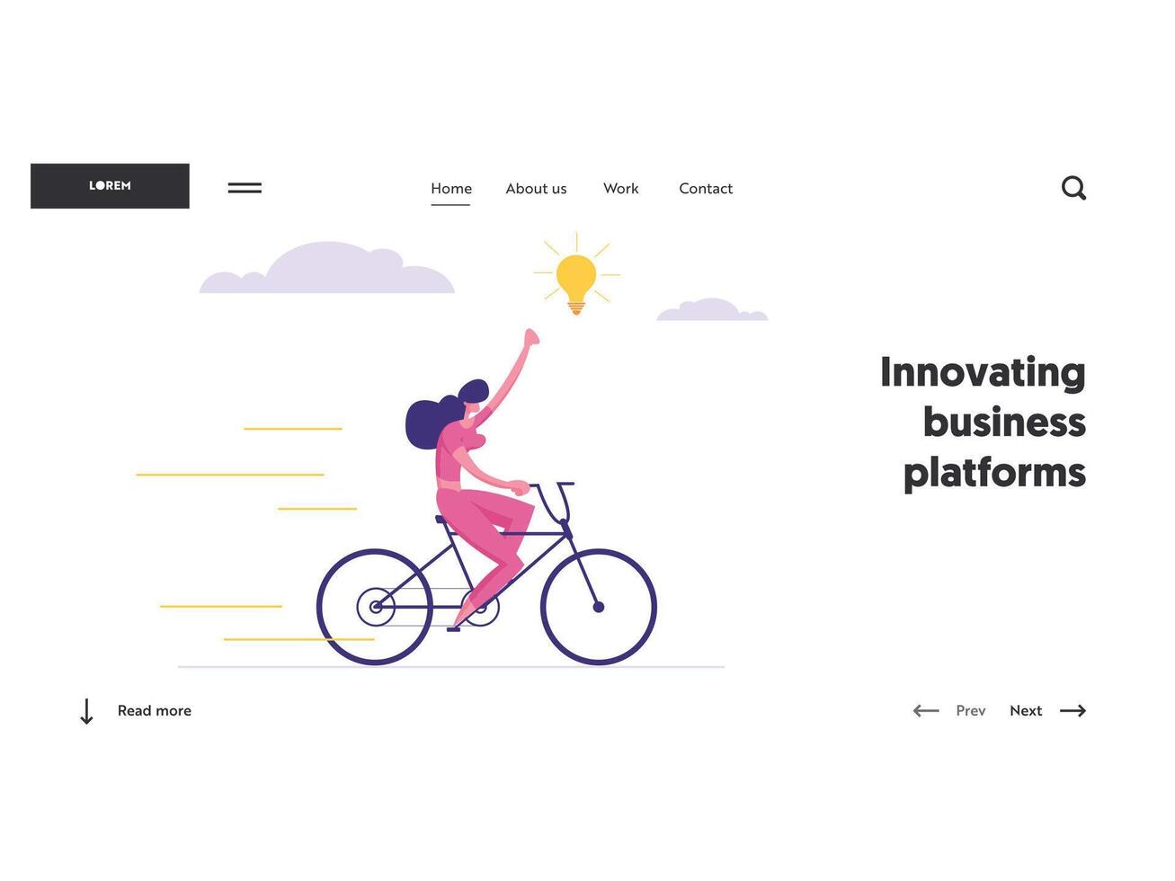 Creative Solution, Business Success Concept with Businesswoman Character on a bike Getting Idea as a Lightbulb. Innovation Banner with Modern Graph for Website, Web Page. Flat Illustration vector