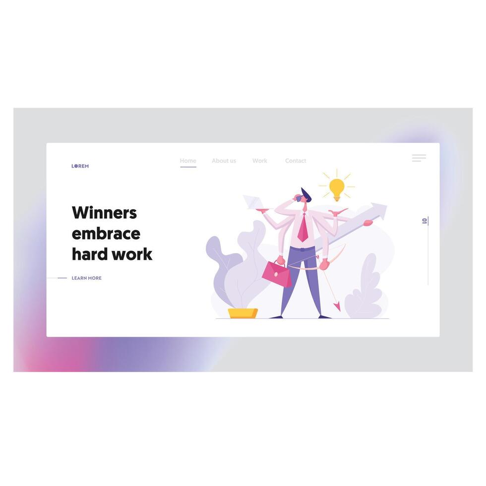 Multitasking Efficient Business Success Concept with Businessman Character Having Six Hands Doing Several Actions. Landing Page with Productive Man for Website, Web Page. Flat Illustration vector