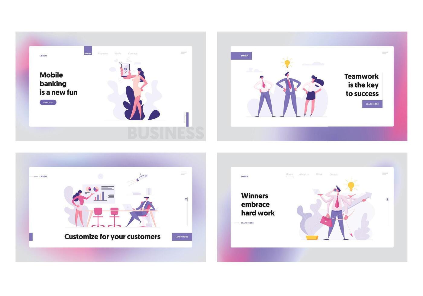 Creative, Financial Business Success Concept Landing Page Set. People Characters with Mobile banking, Presentation, Multitasking and Team Brainstorming for Website, Web Page. Flat Illustration vector