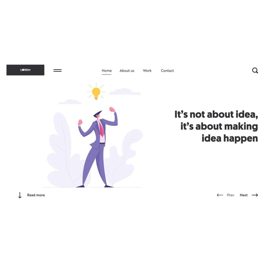 Business Creative Innovation Success Brainstorming Concept with Proud Businessman Character with Idea Lightbulb. Landing Page with Man Showing Strength Website, Web Page. Flat Illustration vector