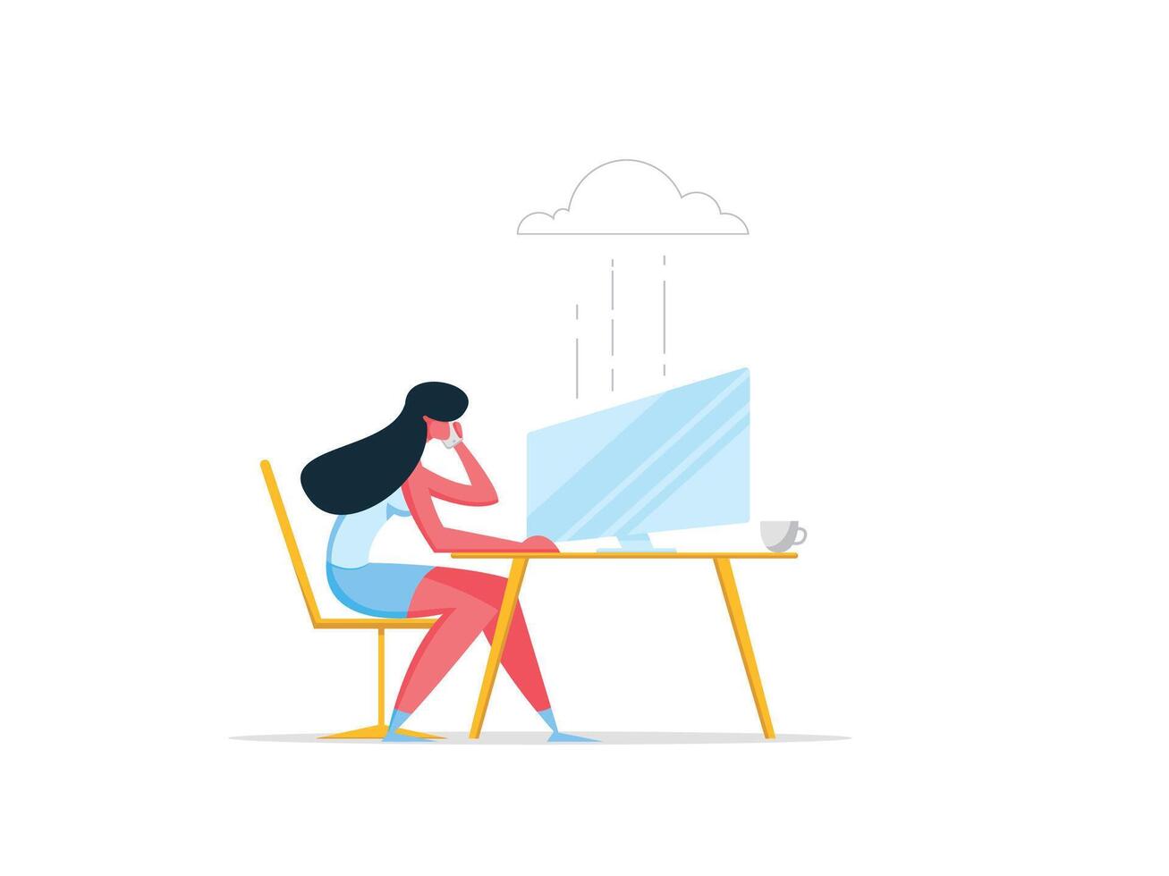 Cloud Computing Technologies Concept. Woman Character Working with Computer Using Wireless Connection Service. Media File Storage Backup. illustration vector