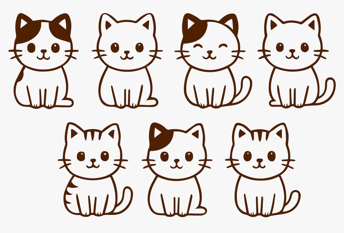Set of Eight Cute Cartoon Cat Characters Illustration Collection of Kawaii Kittens with Different Poses and Fur Patterns for Kids Design vector
