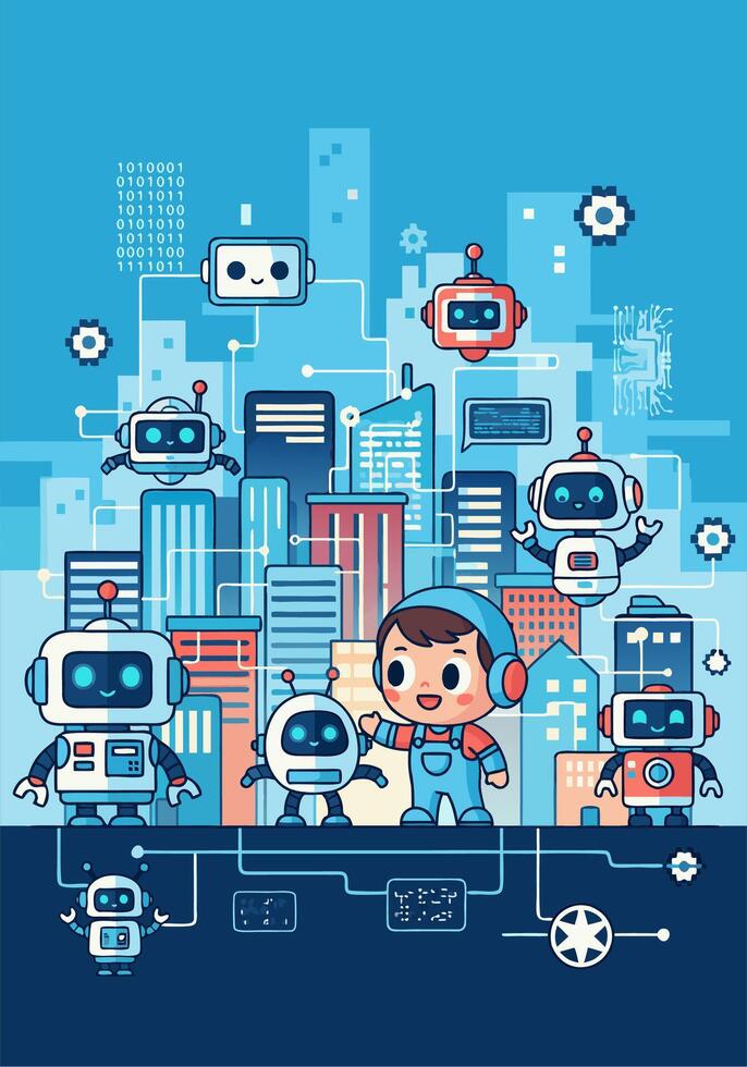 A robot and a city with robots and robots vector