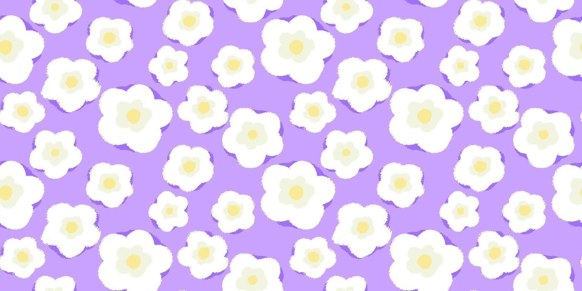 Seamless pattern with white abstract flowers on a soft lavender background. Playful retro floral design for fabric, stationery, wrapping paper, and wallpapers vector