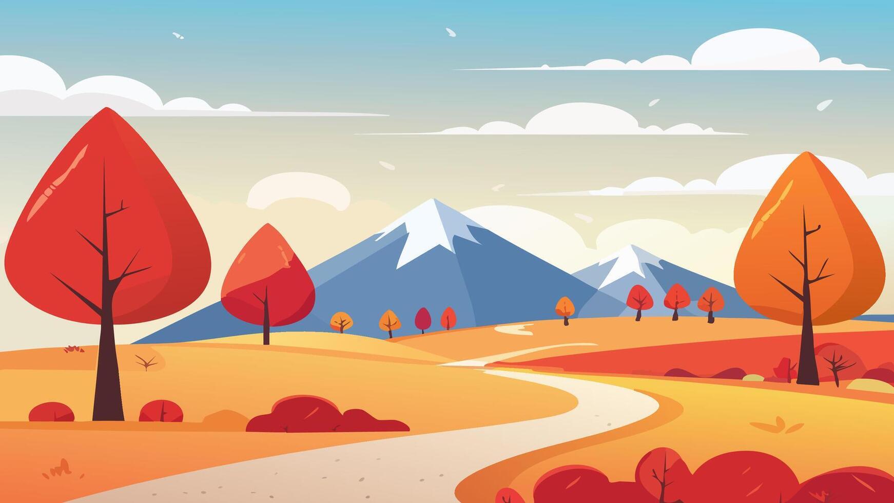 Autumn Landscape With Colorful Trees, Mountain Range, And Winding Path At Sunset vector