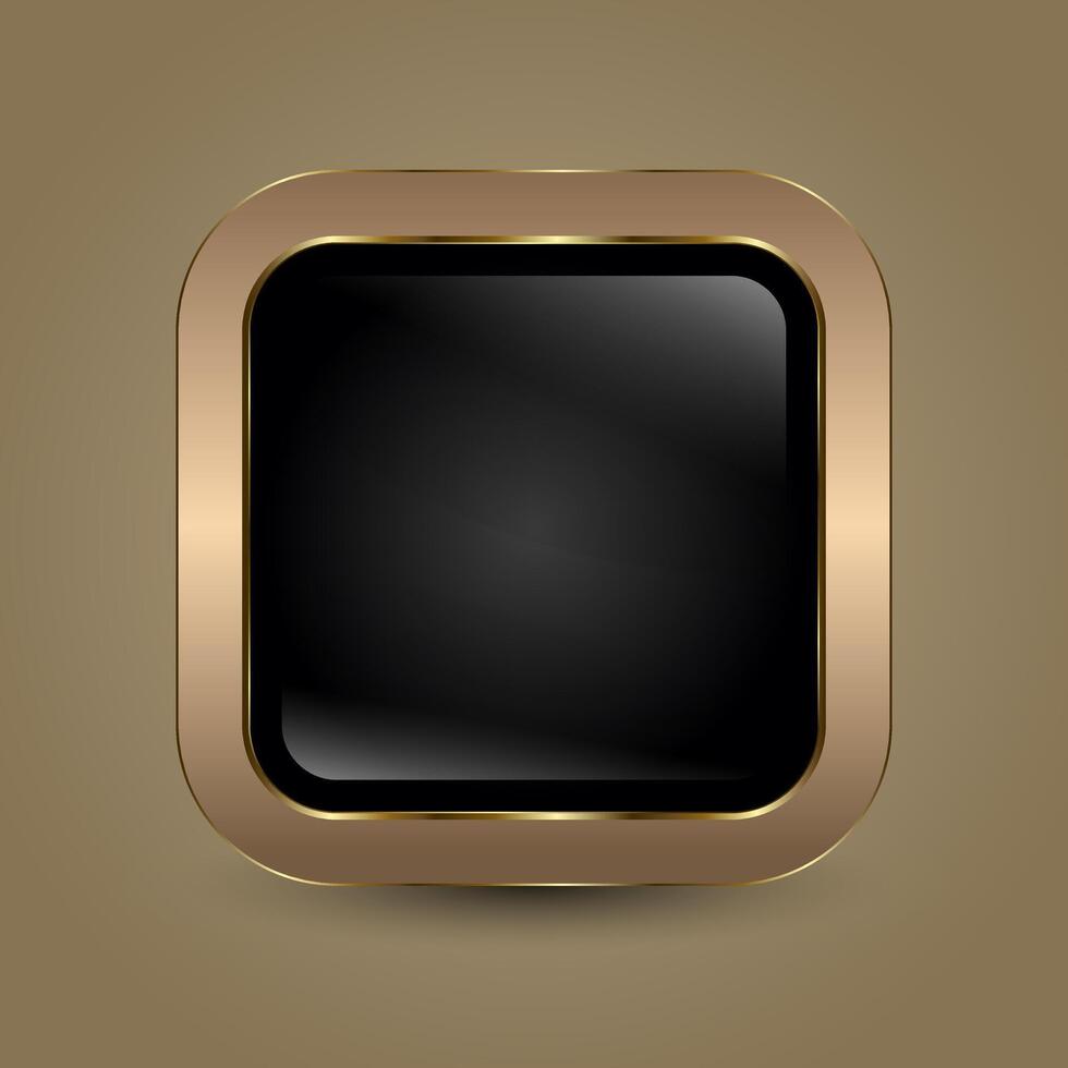 A premium luxurious black square button framed with an elegant golden border. The sleek, glossy black center, with Modern Elegant Button For UI, UX, illustration vector