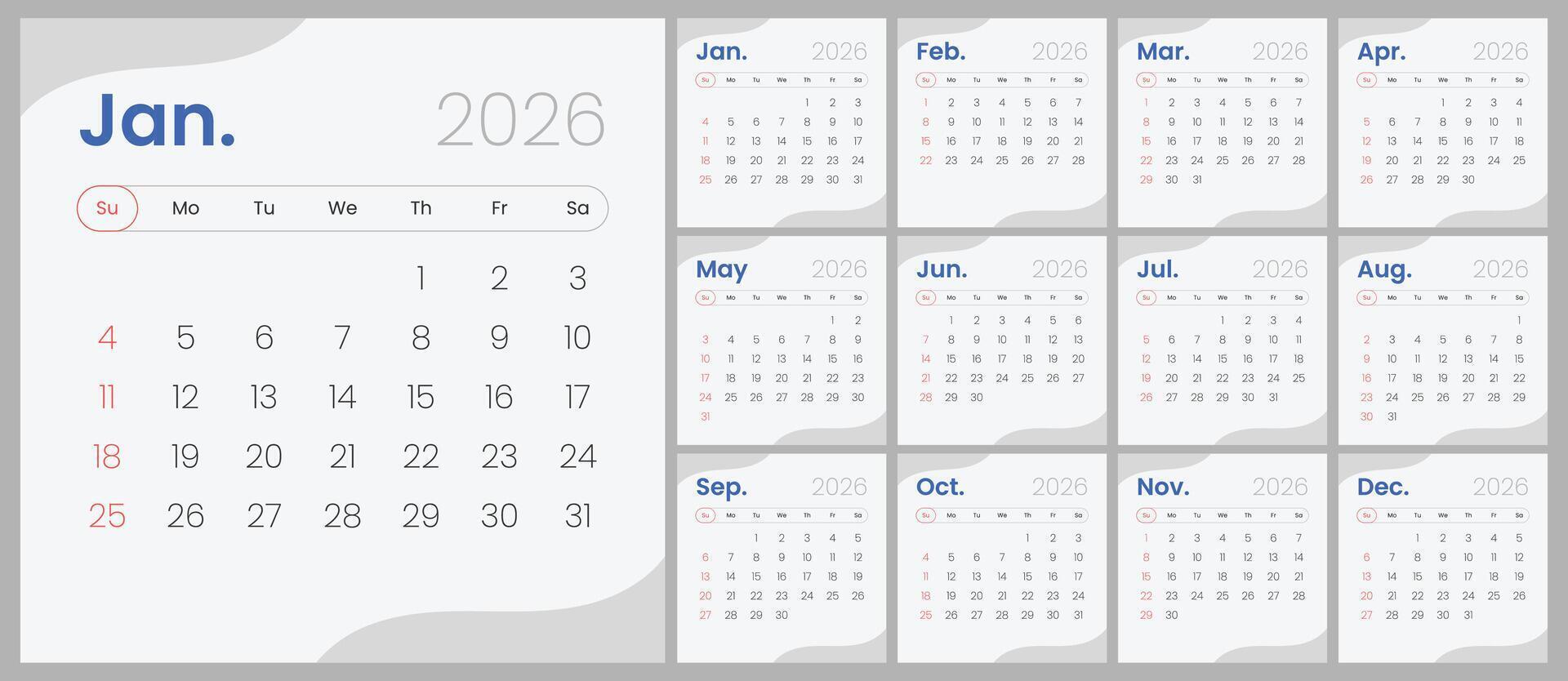 Modern desk calendar template for 2026. Square 2026 calendar layout. Minimalist monthly calendar design for 2026. vector