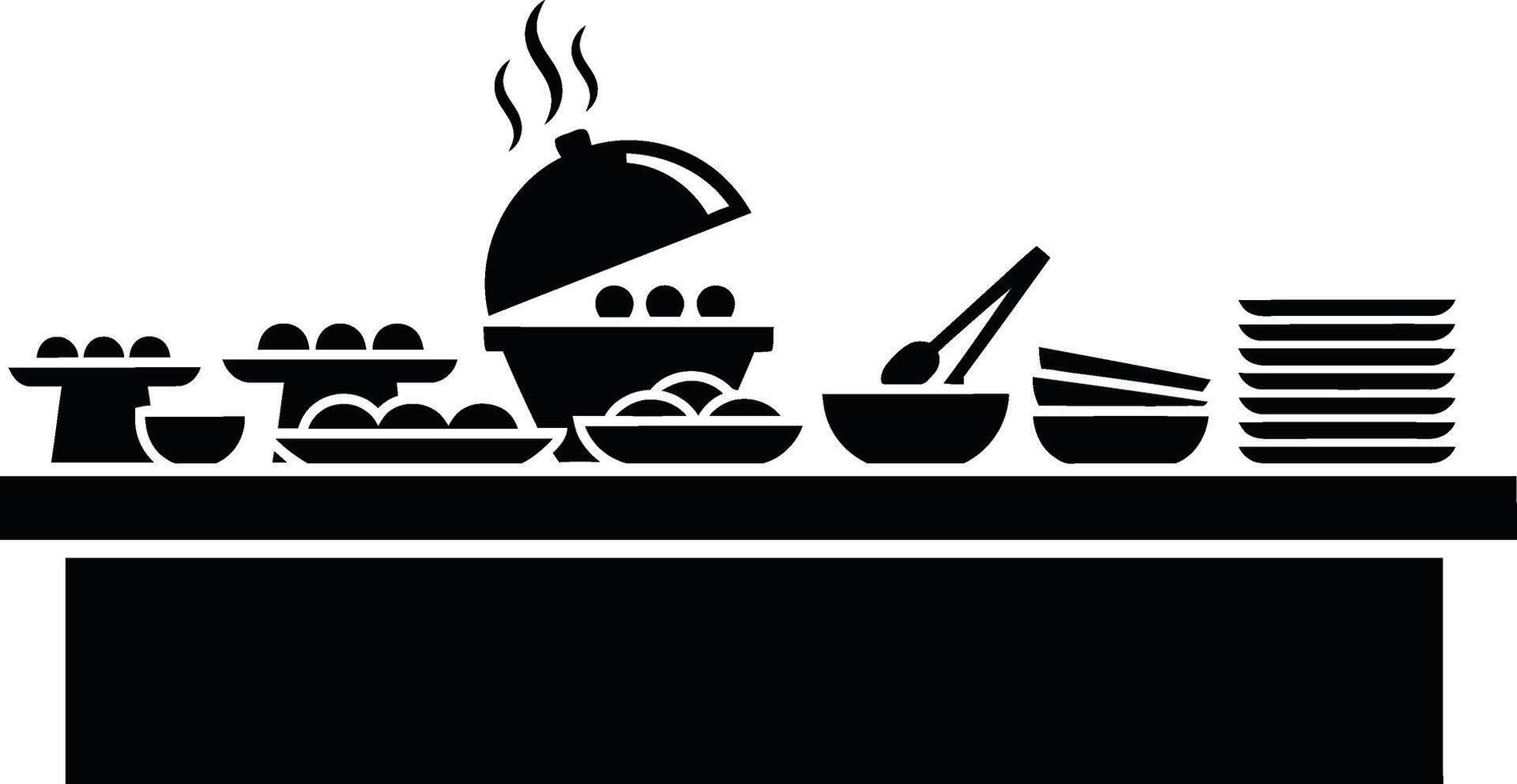 Buffet table with assorted dishes and stacked plates vector