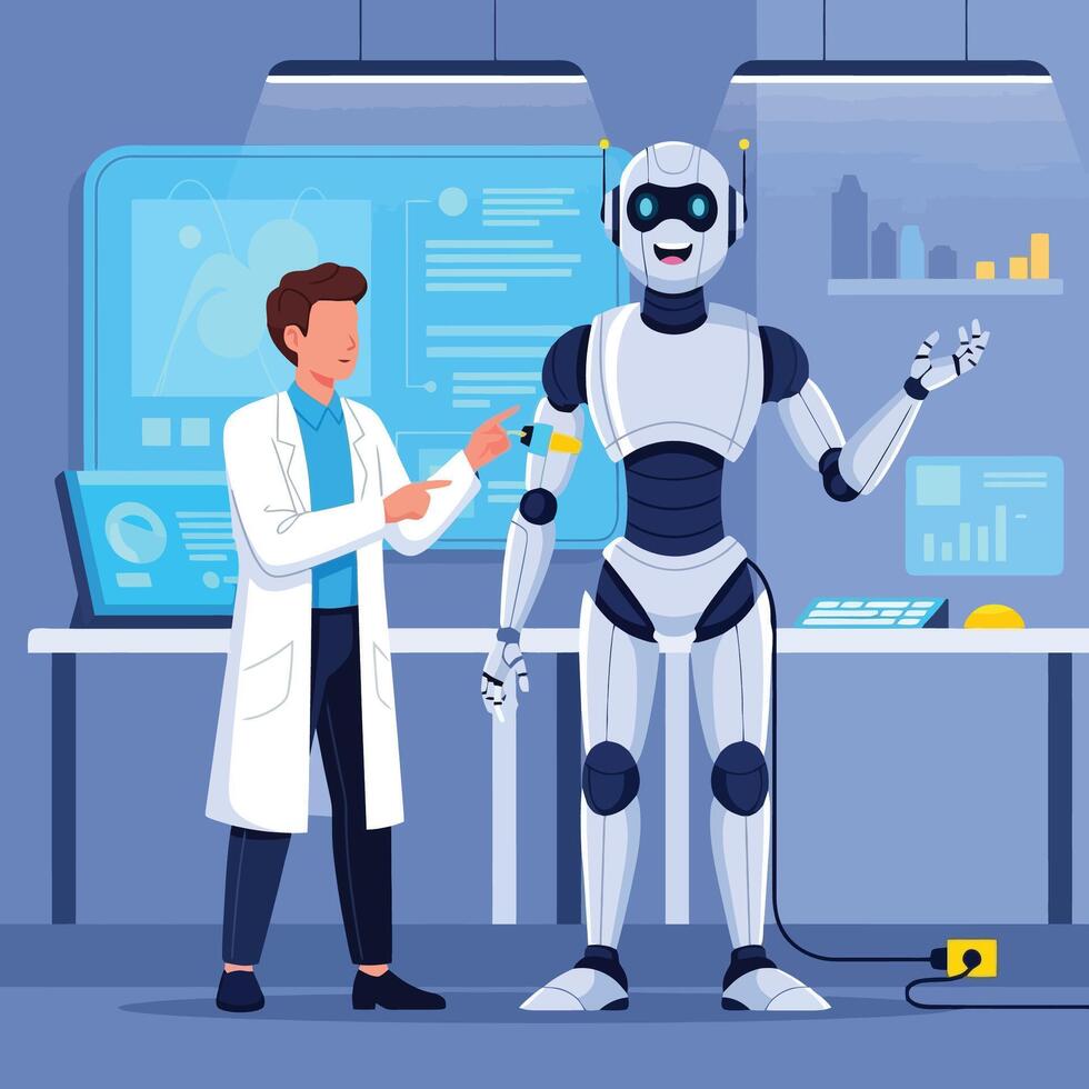 Scientist collaborating with humanoid robot in modern research lab vector