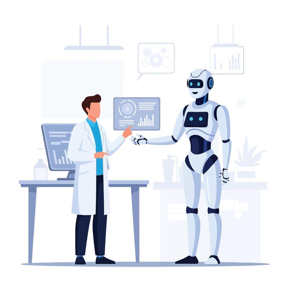 Scientist shaking hands with modern AI robot in lab for future tech vector