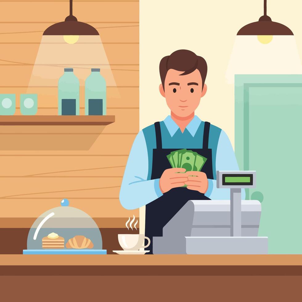 Smiling barista counting cash at register in charming cafe setting vector