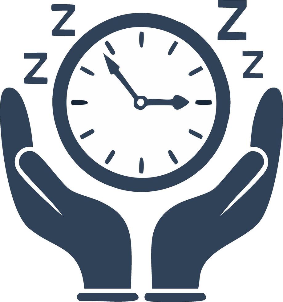 Hands cradling clock with Zzz symbols above convey sleep, rest, calm, and the importance of time management vector