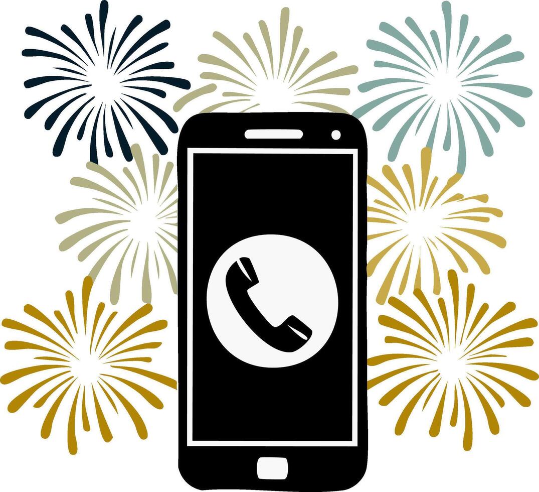 Smartphone with incoming call icon and festive fireworks display vector
