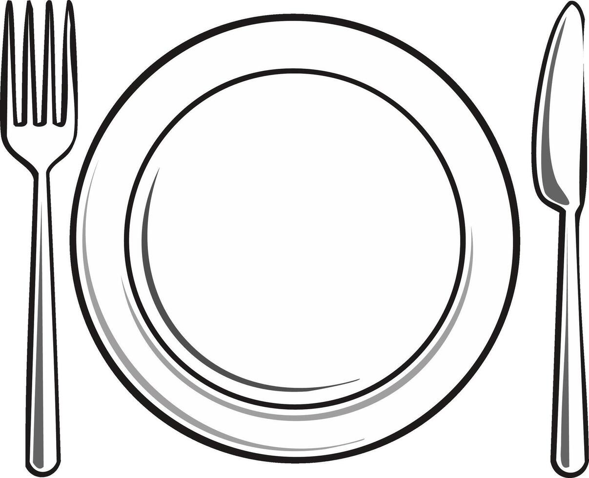 Empty Plate Setting Line Art with Fork and Knife for Place Setting, Dinnerware vector