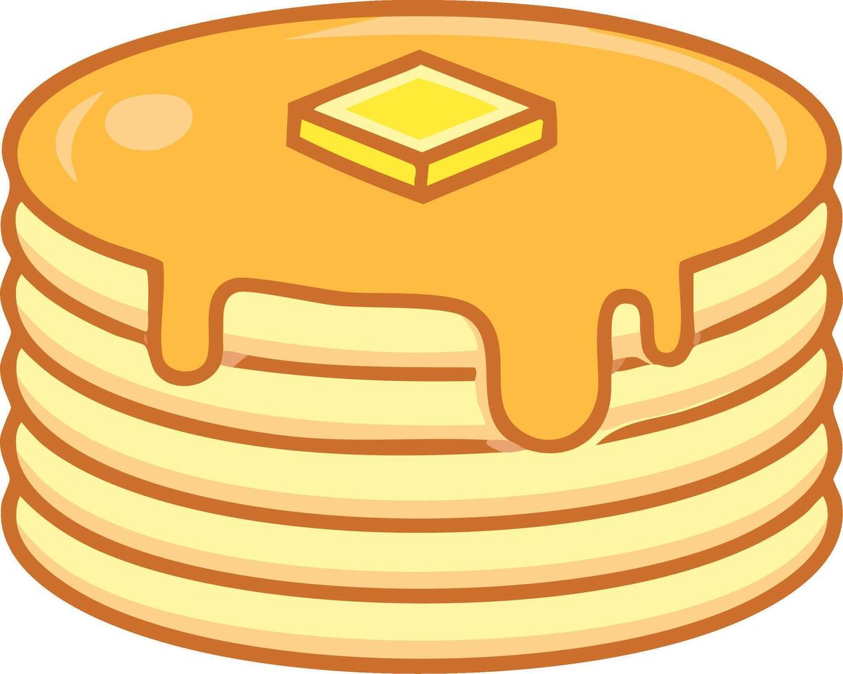 Stack of golden pancakes with melting butter and dripping maple syrup vector
