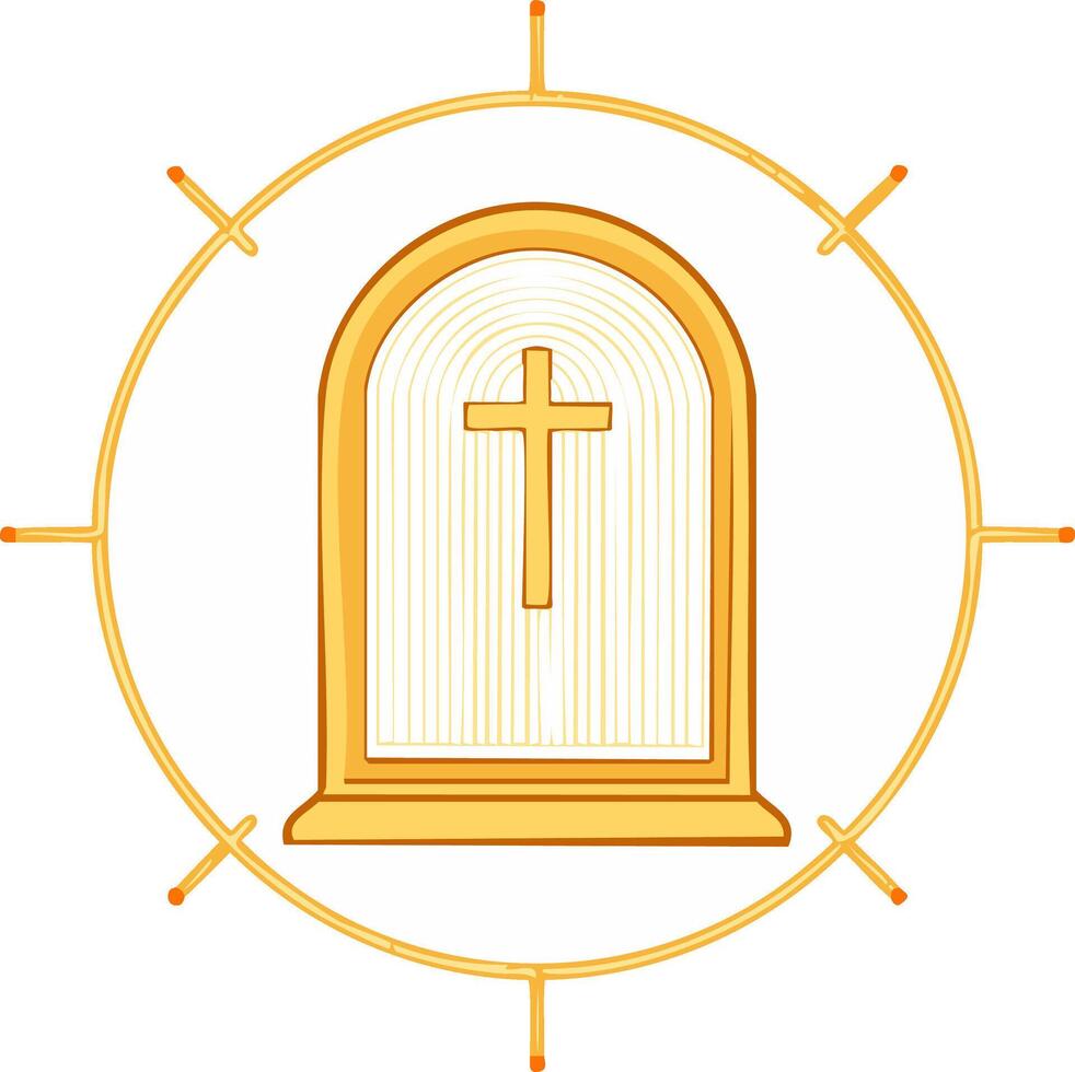 Golden Cross Symbol with Arched Lines Enclosed in a Sunburst Style Circle Design vector