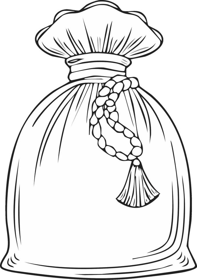 Hand-drawn line art of a full drawstring bag adorned with a beaded cord and tassel vector