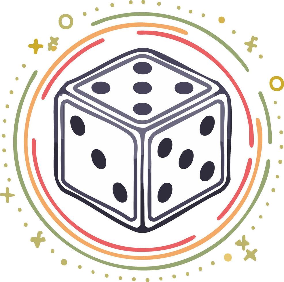 Whimsical Dice illustration with colorful circular pattern and decorative elements vector