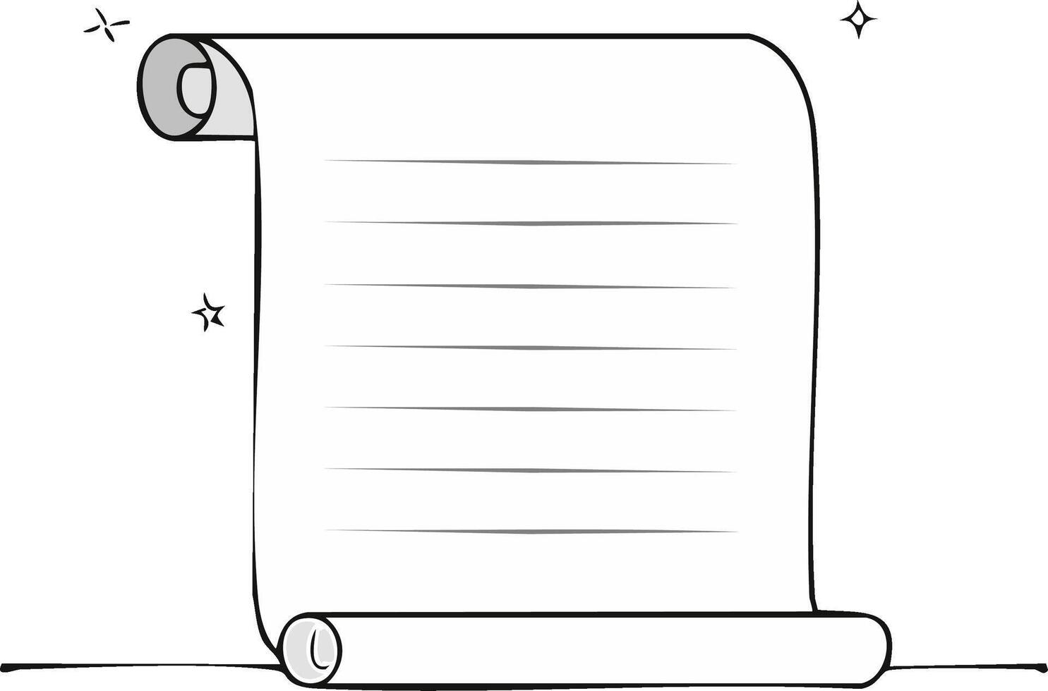 Open scroll document with horizontal lines and sparkling stars, hand-drawn style vector
