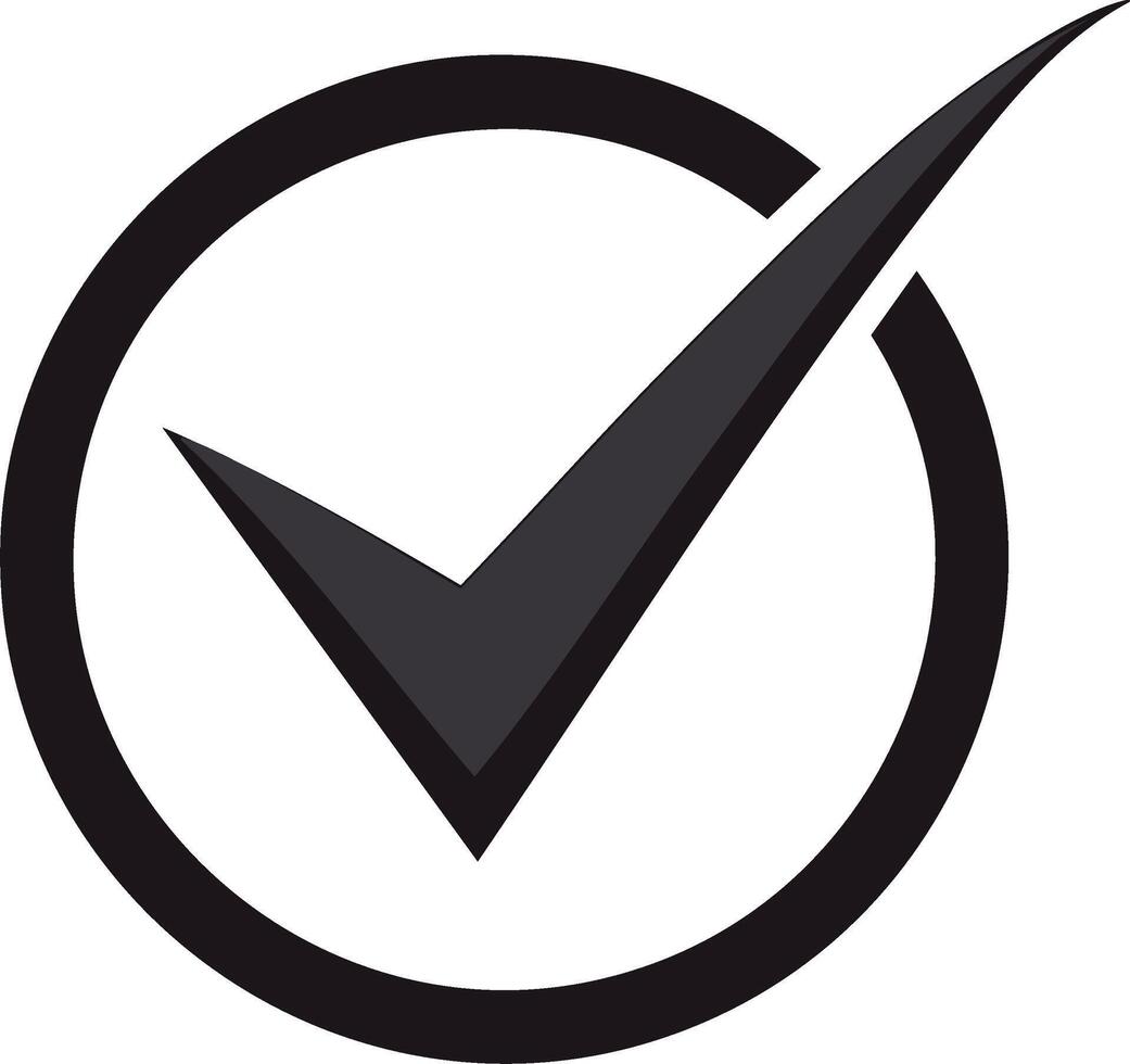 Black checkmark icon in a circle representing approval completion and success vector