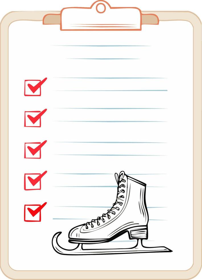 Hand drawn checklist with ice skate and completed tasks represented by red checkmarks vector