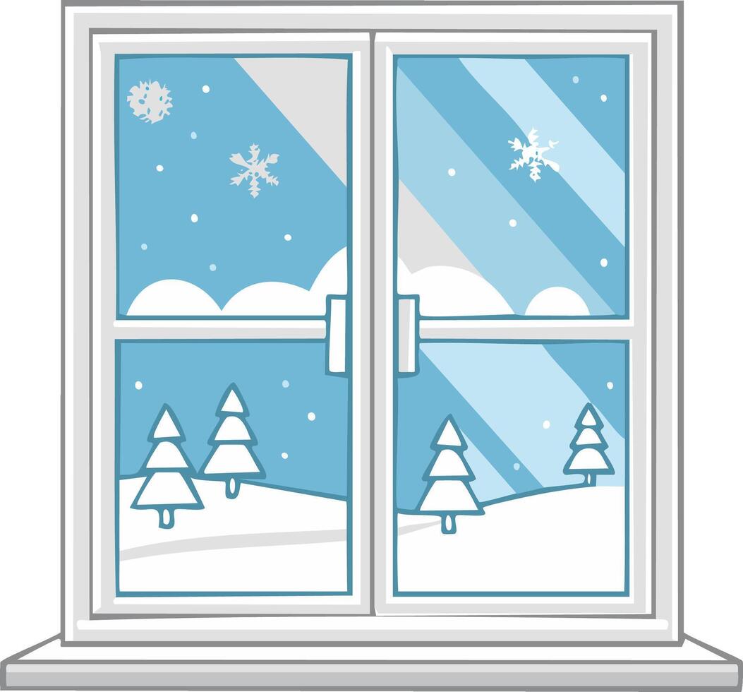 Cozy Snowfall Scene Through a Modern Window with Evergreen Trees and Hills vector