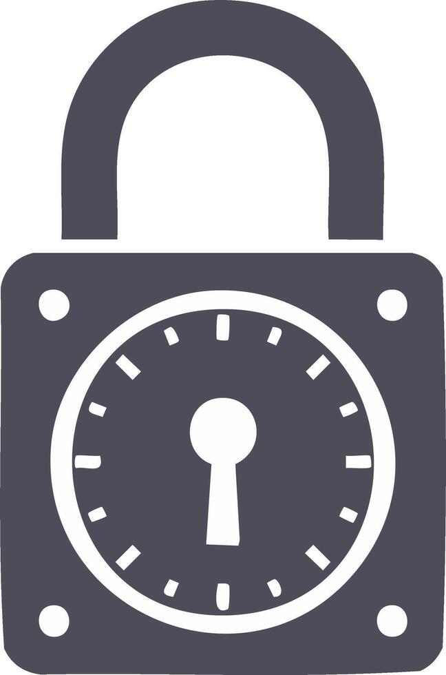 Illustration of a gray, square padlock with keyhole dial vector