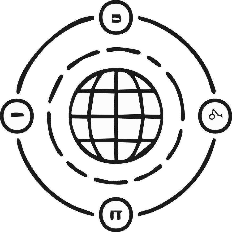 Hand-drawn globe icon with abstract orbiting symbols representing a global network vector