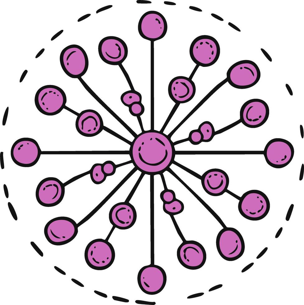 Hand drawn abstract purple network structure with connected nodes and central element vector