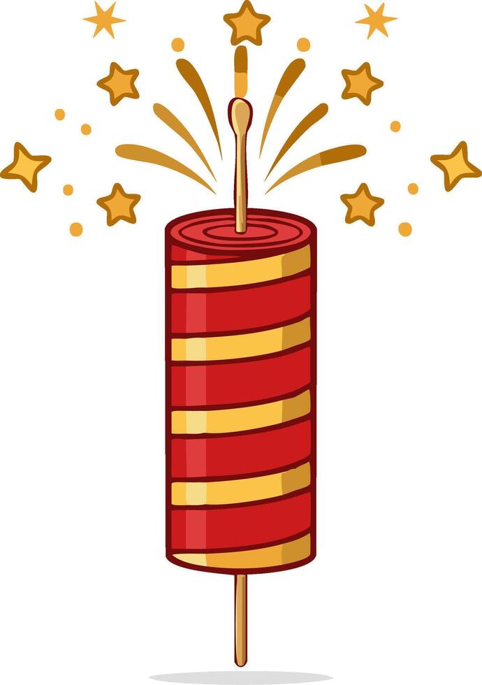 Festive red and gold firecracker exploding with sparks and stars cartoon illustration vector